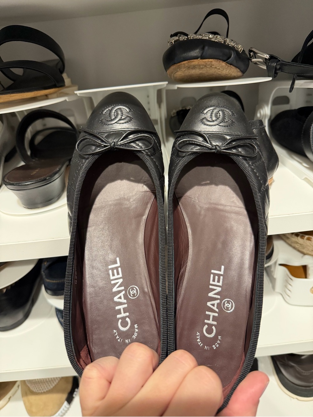 CHANEL Black Leather Ballet Flats with CC Medallion and Bow 37.5